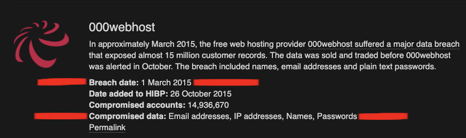 Example of information regarding data breach on haveibeenpwned.com